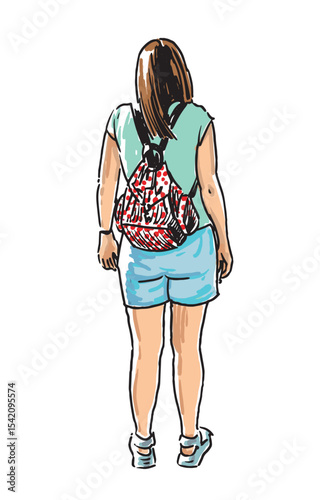 Hand drawing of one tourist woman with backpack standing outdoors on summer day, realistic sketch, vector illustration isolatrd on white