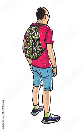 Hand drawing of one tourist man with backpack standing outdoors on summer day, realistic sketch, vector illustration isolatrd on white