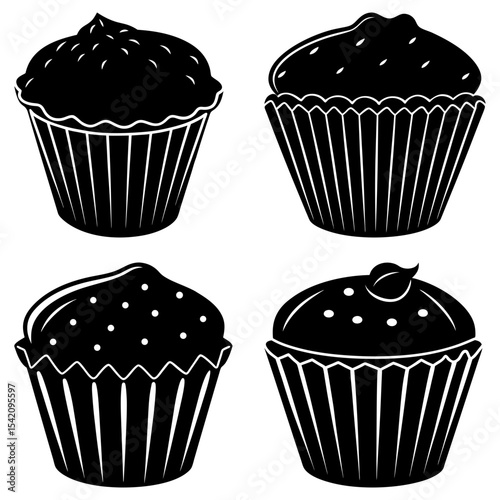 Four cupcake illustrations with varying frosting and wrapper designs in black and white style