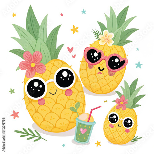 Cute pineapples wear glasses & have fun Vector Illustration