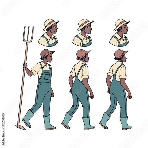 Farmer Character Turnaround: Diverse Views of a Farm Worker with Pitchfork