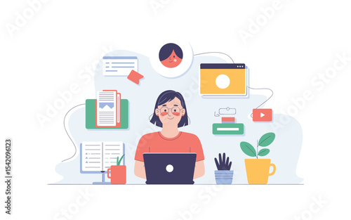 Woman working remotely with a laptop and digital resources, vector illustration