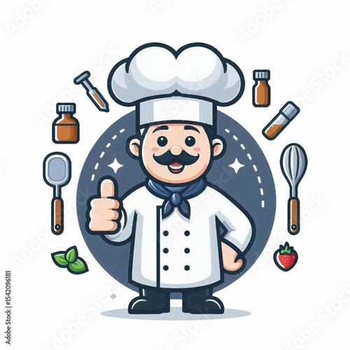 Cartoon chef surrounded by cooking tools giving a thumbs up