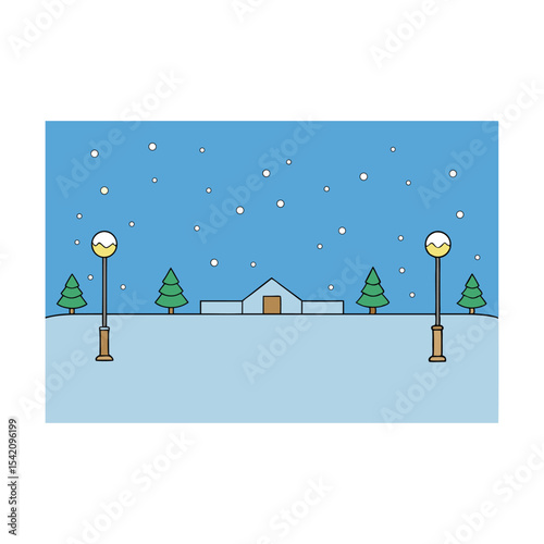Winter Landscape Depicting Snowfall in a Serene Neighborhood with Minimalist Design and Soft Colors