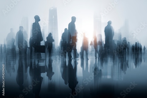 Silhouetted Figures in Modern Cityscape Reflecting Global Data