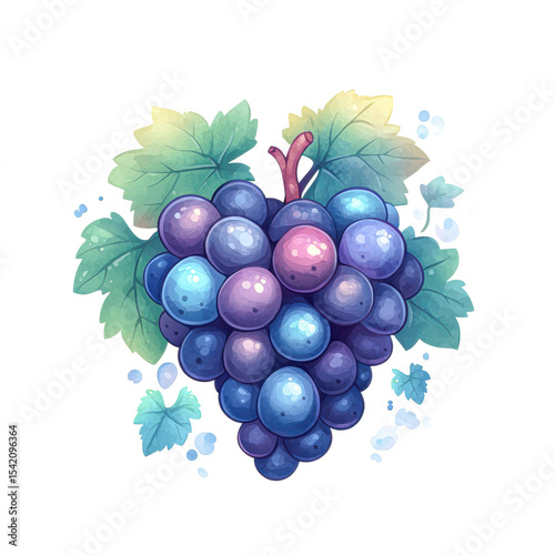 A vibrant watercolor illustration of a purple grape cluster with lush green leaves and water droplets, highlighting freshness and natural beauty.