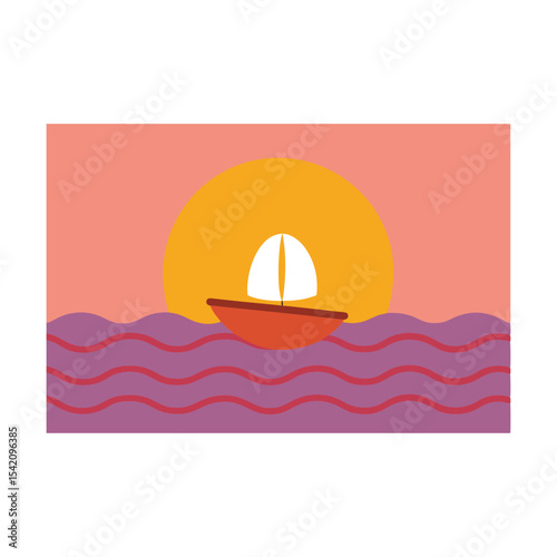 Sunset Serenity A Sailboat's Silhouette Amidst Waves