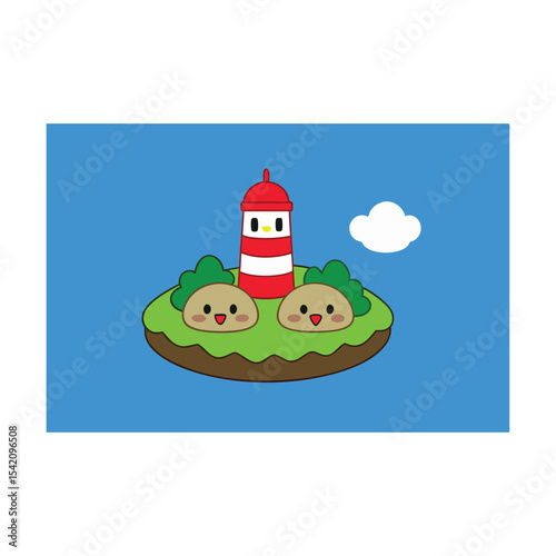 Whimsical Island Getaway Cartoon Lighthouse with Smiling Trees and a Puffy Cloud on a Sunny Day
