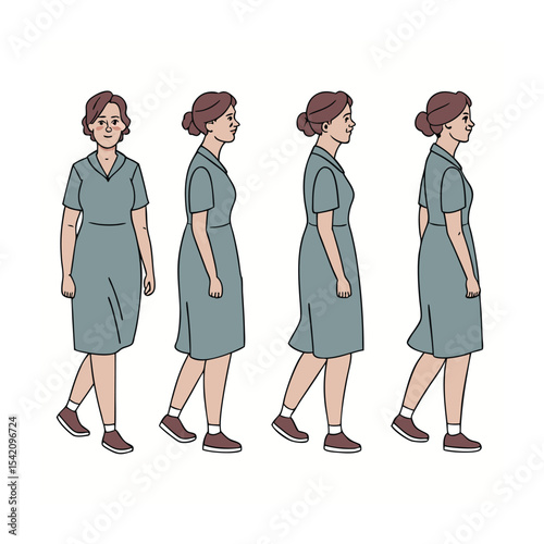 Cartoon Woman in Grey Dress Walking, Posture Progression Illustration, Movement Stages
