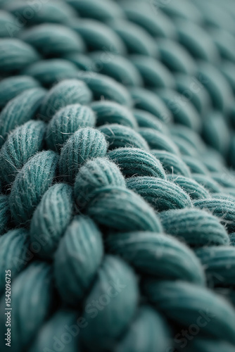 Macro view of braided teal wool yarn with detailed textile texture photo