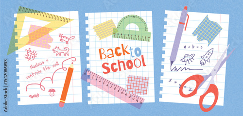 Back to School Sale, Promotion, Poster and Flyer. Papers with Hand Drawings, Pen, Pencil, Scissors, Rulers, Protractor. School Subjects and Doodles. Flat Vector Illustration for Study