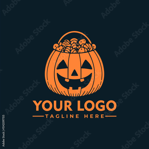 A cartoon pumpkin basket filled with candy, ready for Halloween festivities.