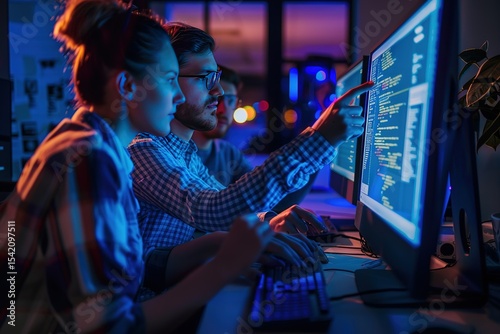 Teamwork in Tech: Developers collaborating and reviewing code in a modern neon-lit office