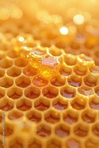 Macro view of golden honeycomb filled with fresh honey