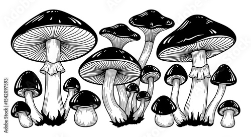 Group of Mushrooms Vector Illustration | Black and White Fungi Art

