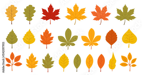 Autumn leaves with different distorted shapes. Workpiece for falling leaves, autumn design. Set, collection. Red, yellow, orange leaves, design elements in flat style