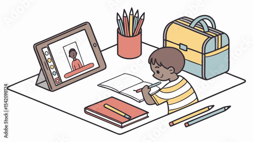 A boy drawing on a notebook while attending a video call on a tablet with school supplies around him near desk