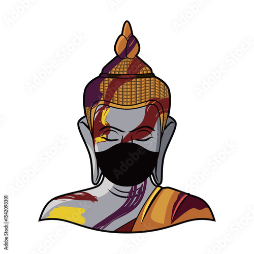 Paint splash buddha statue with face mask. Buddha statue vector illustration. Colorful buddha logo