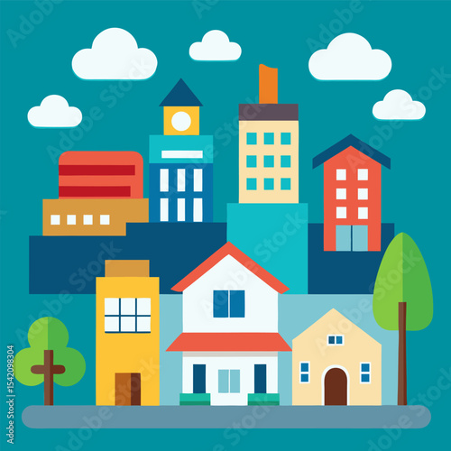 Colorful Cityscape Illustration with Buildings and Houses