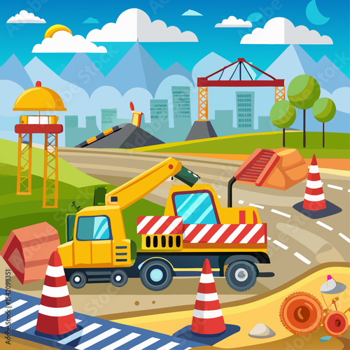 Road Construction with Heavy Equipment – Industrial Worksite Illustration