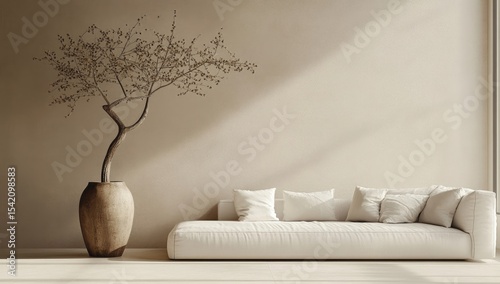 Minimalist beige living room with a single potted tree. Sunlight streams in through a large window, highlighting the neutral color palette.  A long, low, white couch is situated in front of the wall
