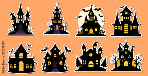 A big collection of Collection of halloween stickers. Spooky haunted house with Castle, and Bats black illustration of night scenery on white background