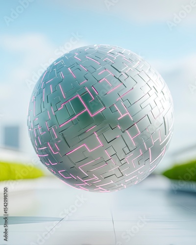 Silver Metallic Globe with Pink Lines Floating in City Setting