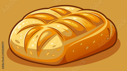 Golden loaf of freshly baked bread with a glossy crust and decorative scoring on a warm brown background
