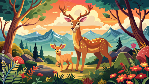 Cartoon deer and fawn standing in a colorful forest clearing with mountains, trees, and sunset sky in the background