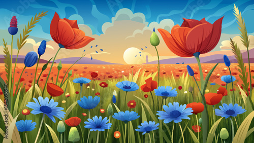 Red and blue wildflowers in a golden meadow with wheat and sunset sky over distant hills in a scenic summer landscape