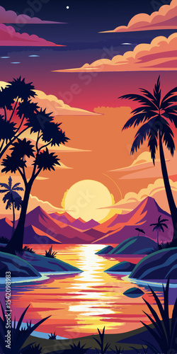 Tropical sunset over a calm bay with palm trees, distant mountains and colorful sky reflecting in the water