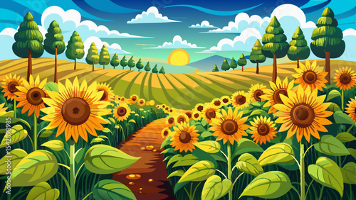 Sunflower field in full bloom with a dirt path leading through vibrant yellow flowers under a bright sunrise sky and rolling hills