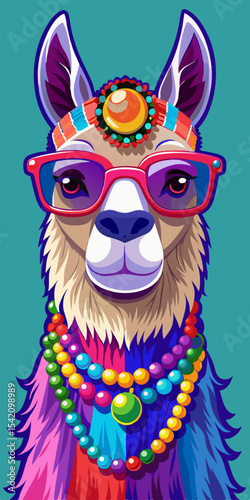 Stylish cartoon llama in pink sunglasses and colorful layered necklaces with a decorative headpiece on a teal background