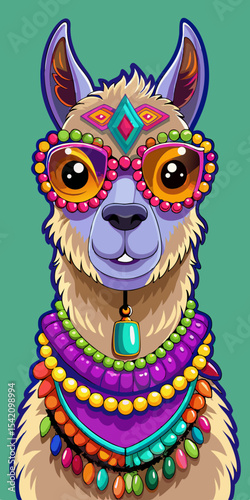 Colorful cartoon llama wearing jeweled sunglasses and vibrant necklaces with decorative patterns on a green background