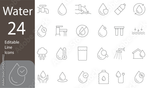 Water Editable Line Icons Set. Drinking water, drop, rain, glass of water, shower, containing water and more. Vector illustration