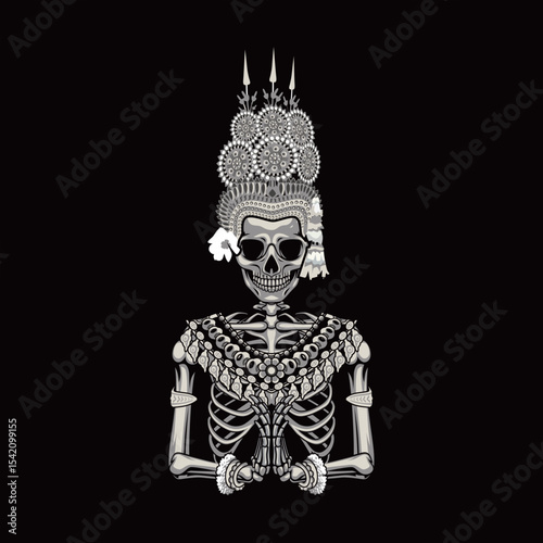 Vector illustration of skeleton with apsara accessories. Skeleton of apsara cambodian khmer classical. Praying pose of apsara skeleton front view.