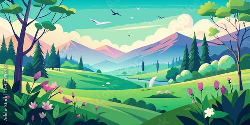 Spring Meadow with Blossoms – Pastel Vector Landscape