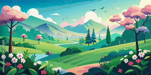 Spring Meadow with Blossoms – Pastel Vector Landscape