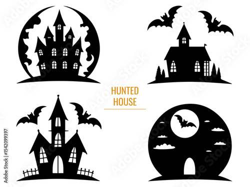A collection of spooky  halloween hunted house silhouette. with  Castle, Moon and Bats vector illustration