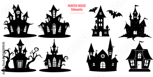 A collection of spooky  halloween hunted house silhouette. with  Castle, Moon and Bats vector illustration