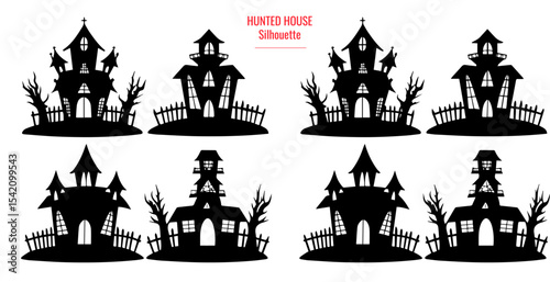 A collection of spooky  halloween hunted house silhouette. with  Castle, Moon and Bats vector illustration