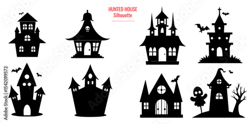 A collection of spooky  halloween hunted house silhouette. with  Castle, Moon and Bats vector illustration