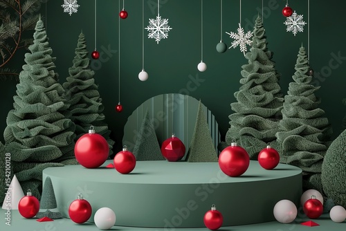 Festive Christmas display with ornaments trees and winter decor in red white and green