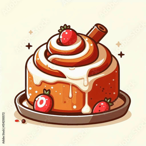 Cartoon cinnamon roll dessert with icing strawberries  cinnamon stick on a plate