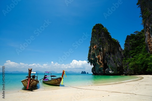 Two Traditional Thai Longtail Boats Moored on a Pristine White Sand Beach Turquoise Water Dramatic Limestone Cliffs Lush Green Tropical Foliage Sunny Blue Sky Idyllic Seascape
