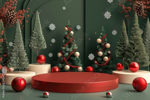 Festive holiday display with trees ornaments and minimalist product display podium