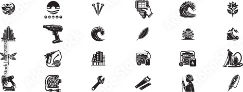 Black Vector Icon Set of Tools, Construction, Nature, and Equipment