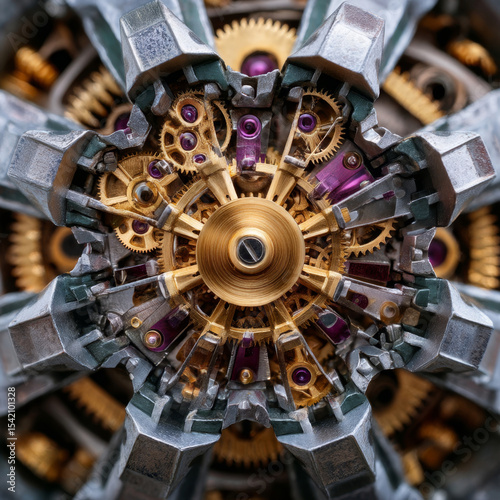 Extreme macro view of mechanical watch gears with golden components and precision detail