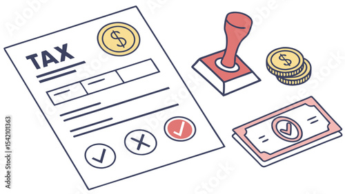 Illustration of tax form with dollar coin, stamp, coins, and money, representing financial compliance