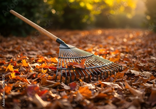 A metal garden rake resting on autumn leaves in a backyard, shot in natural warm lighting with shallow depth of field.